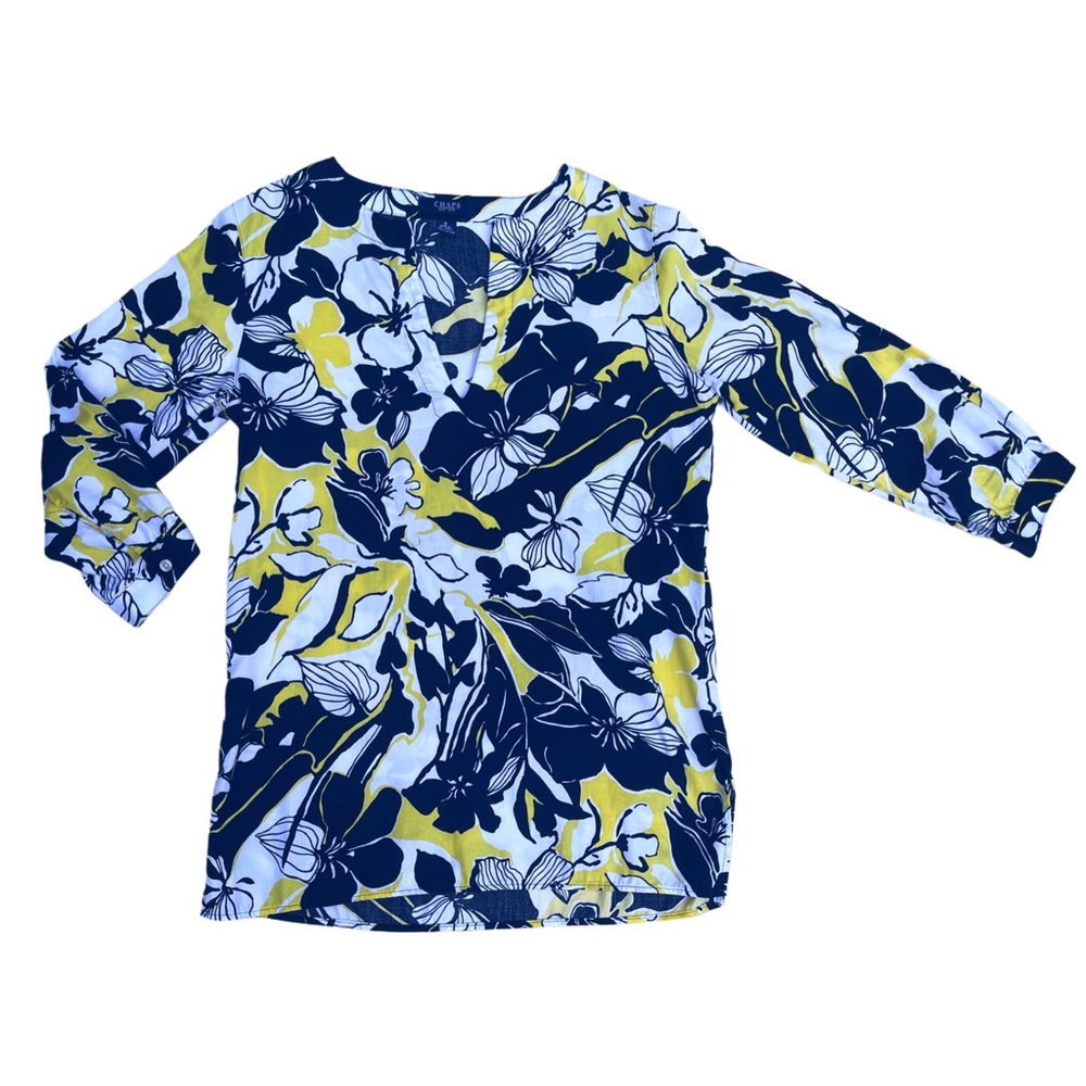 Chaps Woman's Floral V-Neck Tunic Blouse - Navy Blue, White & Yellow. Size S - Picture 2 of 6